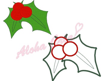 Machine Embroidery Design christmas holly + applique (many sizes) - Instant Digital Download