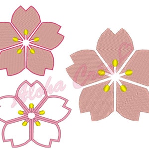 May include: Three pink cherry blossom flower embroidery designs with yellow centres. The flowers are outlined in pink and have a textured appearance.