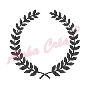 May include: Black and white wreath design with a circular frame. The wreath is made of stylized leaves.