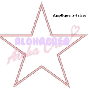 Peut inclure: Contour rose d'une étoile à cinq branches avec le texte "ALOHA GREAT" en police violette claire à l'intérieur de l'étoile. Applique : 14 tailles.