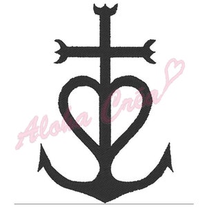 Peut inclure: Une image en noir et blanc d'un symbole religieux. Le symbole est une croix avec un cœur et une ancre. La croix est en haut du symbole, le cœur est au milieu et l'ancre est en bas.