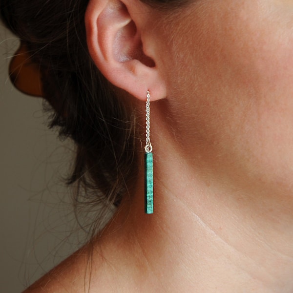 Emerald Green Wood Threaders.  Fish hook Option. Long thin Unique Colorful Earrings.