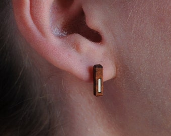 Koa Wood Bar Stud Earrings • Silver, Copper, or Brass • Hypoallergenic • Everyday Earrings • Simple Modern and Dainty