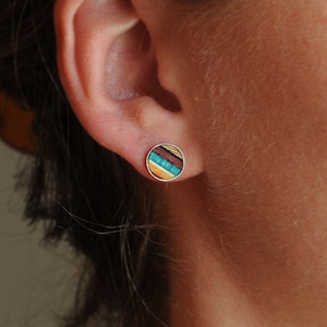 Small Rainbow Wood Stud Earrings in Solid Sterling Silver image 1