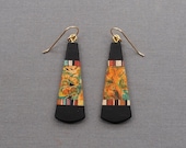 Green and Orange Box Elder burl Maximalist Statement Teardrop Dangle Earrings Marquetry inlay. Hypoallergenic Drop Fish hook