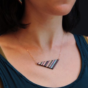 Recycled Copper and Turquoise Triangle Pendant Made From Reclaimed Wood, Rose Gold Chain.