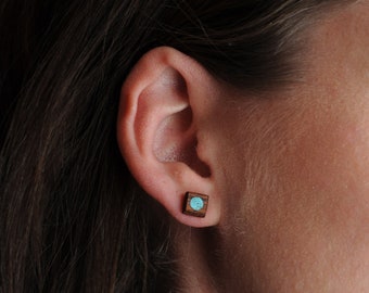 Tiny Turquoise Stud Earrings Dainty Vintage Wood Circle with Real Turquoise Stone Inlay