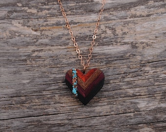 Dainty Wood Heart Pendant with Turquoise and Copper Inlay