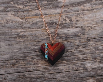 Dainty Wood Heart Pendant with Turquoise and Copper Inlay