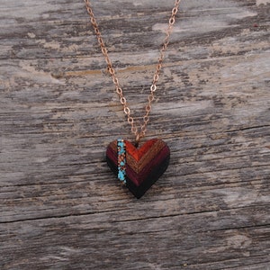 Dainty Wood Heart Pendant with Turquoise and Copper Inlay