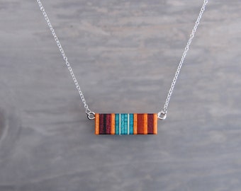 Colorful Turquoise Wood Small Horizontal Layoring Bar Necklace