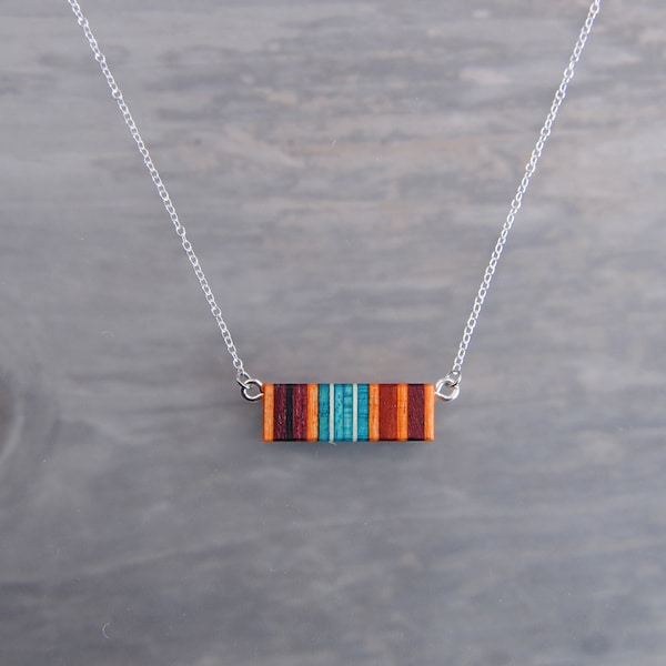 Colorful Turquoise Wood Small Horizontal Layoring Bar Necklace