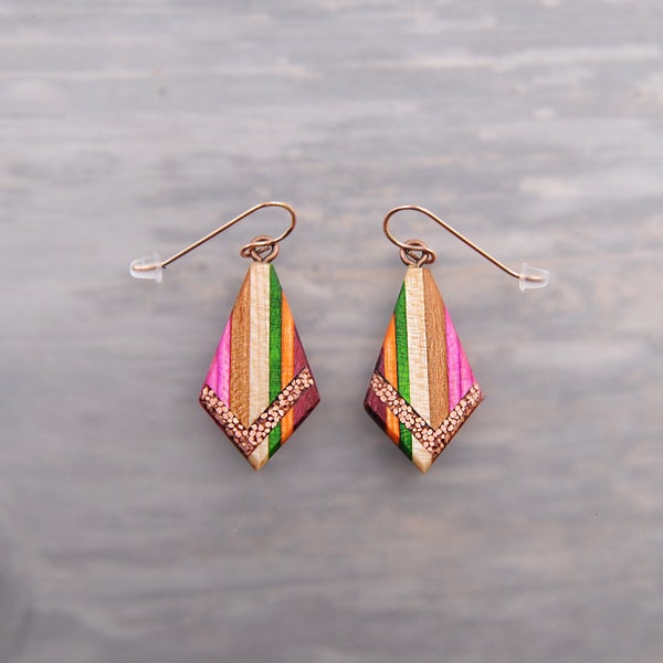 Colorful Dainty Modern Earrings Upcycled Wood and Recycled Copper Color Pop