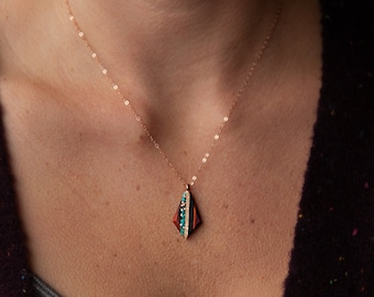 Recycled Copper and Turquoise Teardrop Pendant Made From Reclaimed Wood, Rose Gold Chain.