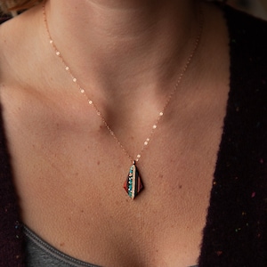 Recycled Copper and Turquoise Teardrop Pendant Made From Reclaimed Wood, Rose Gold Chain.