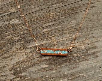 Koa Wood with Turquoise and Recycled Copper Small Horizontal Bar Necklace