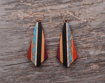 Large boho Copper and Turquoise Teardrop Made From Reclaimed Wood, Rose Gold Ear Wires Hypoallergenic.