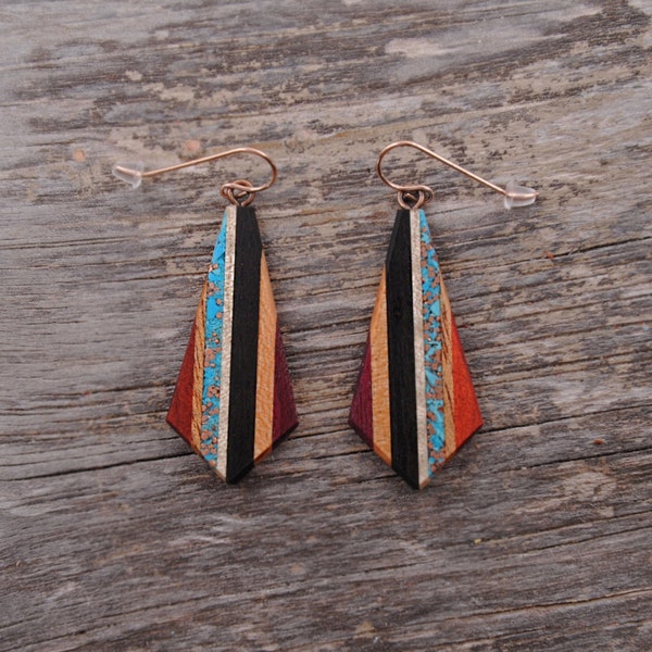 Large boho Copper and Turquoise Teardrop Made From Reclaimed Wood, Rose Gold Ear Wires Hypoallergenic.