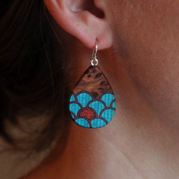 Boho Fish Scale Wave Pattern Statement Earrings made from Natural Lightweight Wood, copper or coral Inlay.