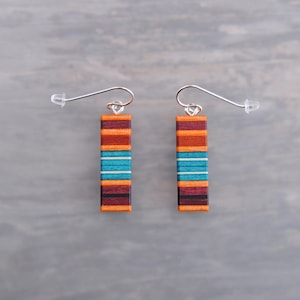 Long Turquoise Wood Rectangle Fishhook Dangle Earrings Hypoallergenic Surgical Steel