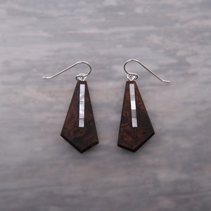 Natural Walnut or Olive Wood Geometric Drop Earrings with Inlays