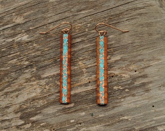 Long Koa Wood Earrings with Turquoise and Recycled Copper Inlay, Stud or Dangle, Rose Gold Ear Wires