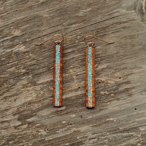 Long Hawaiian Koa Turquoise Inlaid Earrings with Recycled Copper, long Rose Gold Ear Wires
