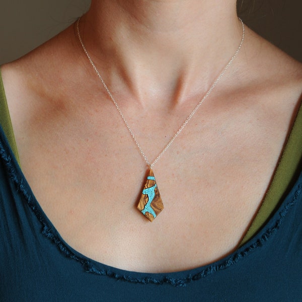 Ancient Olive Wood and Turquoise lightweight Pendant Necklace