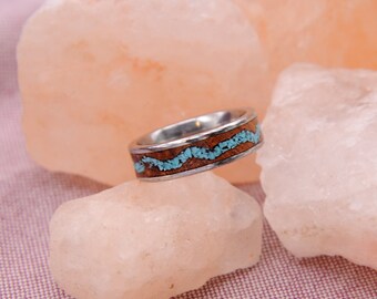 Handcrafted Wood and Turquoise Inlay Ring, River Water ring, Stainless Steel Band, Womens Ring, Mens Band