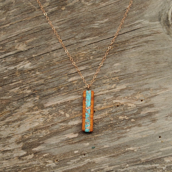 Koa Wood with Turquoise and Copper Inlay Vertical Bar Necklace