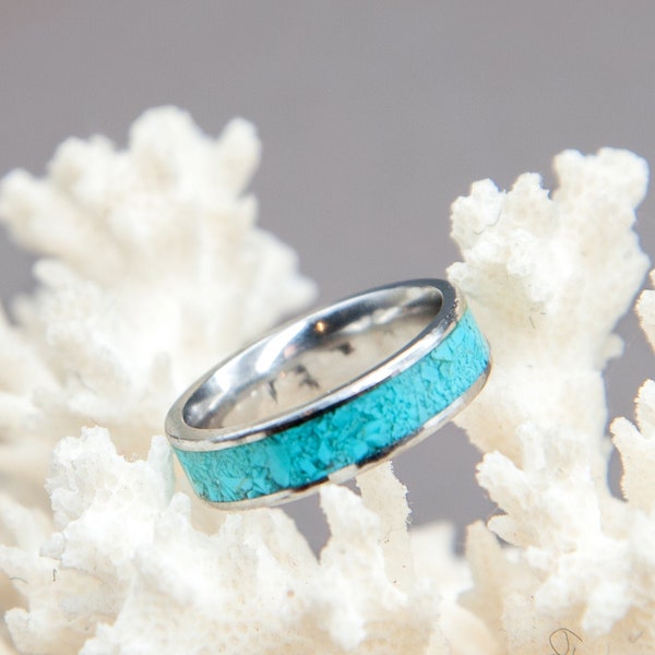 Handcrafted Turquoise Inlay Ring, Blue Turquoise, Stainless Steel Band, Womens Ring, Mens Band