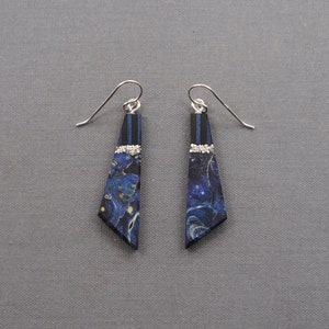 Starry Night Wood Statement Earrings With Recycled Sterling Silver Inlay and Solid Silver Dangle Wires