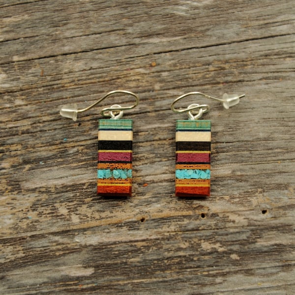 Turquoise Rectangle Dangle Earrings made From Reclaimed Wood, Sterling Silver Ear Wires