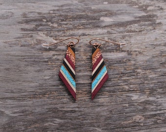 Recycled Copper and Turquoise Dangle Made From Reclaimed Wood, Rose Gold Ear Wires Hypoallergenic.