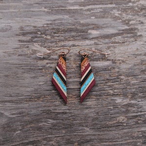 Recycled Copper and Turquoise Dangle Made From Reclaimed Wood, Rose Gold Ear Wires Hypoallergenic. image 1