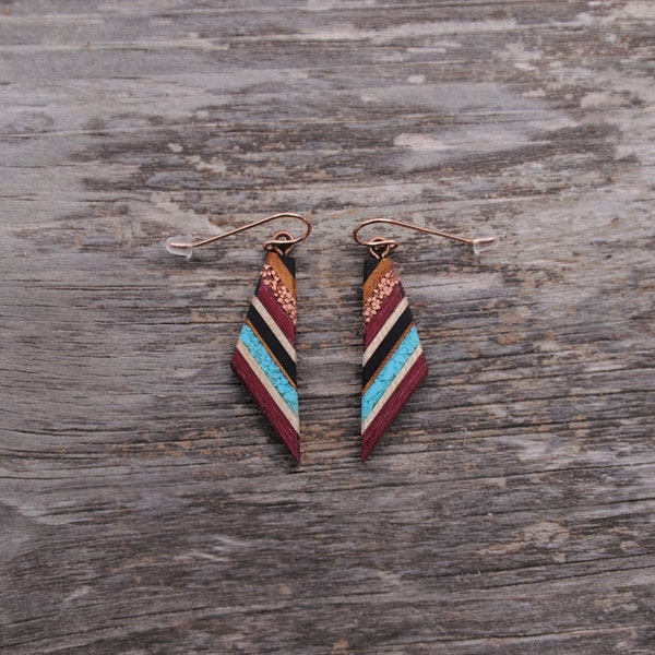 Recycled Copper and Turquoise Dangle Made From Reclaimed Wood, Rose Gold Ear Wires Hypoallergenic.