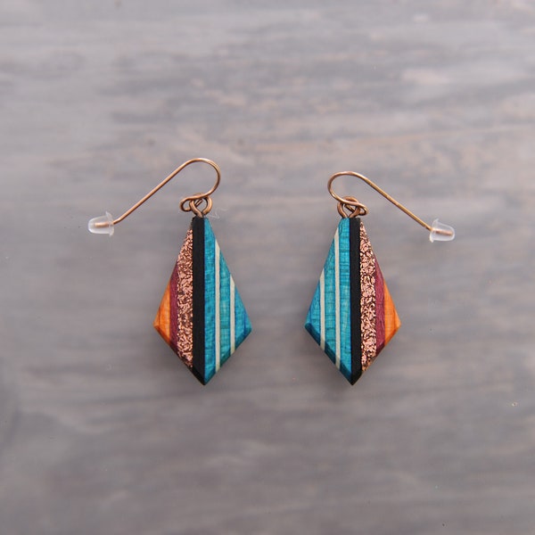 Copper and Turquoise Wood Teardrop, boho chic modern striped Earrings with Rose Gold Ear Wires Hypoallergenic.