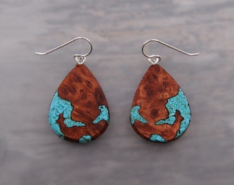 Boucles d'oreilles turquoise naturelle en séquoia de Californie léger et léger de récupération