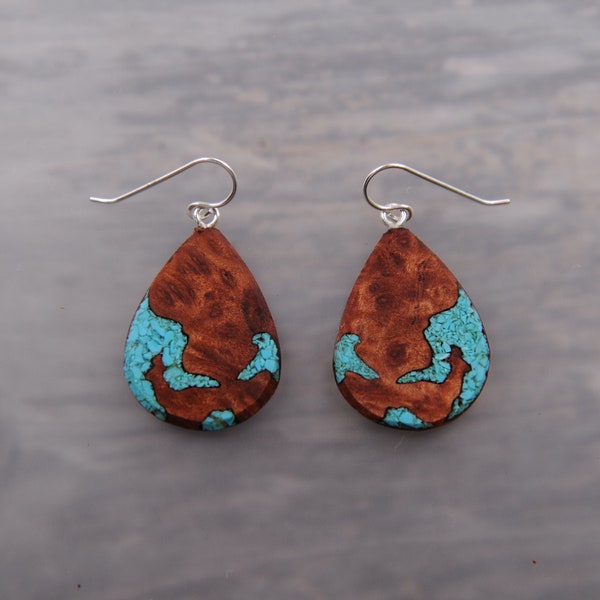 Natural Turquoise Earrings in Reclaimed California Redwood Lightweight Boho Statement