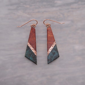 Green Brown Copper Triangle earrings made from Burl wood with copper inlay