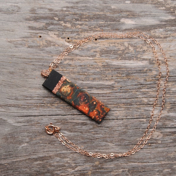 Green Black and Orange Box Elder Burl Bar Rectangle Dangle Pendant With Recycled Copper inlay. Hypoallergenic Drop Fish hook