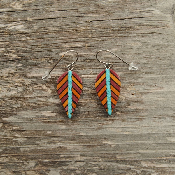 Turquoise Leaf Drop Dangle Earrings, Reclaimed Wood With Crushed Turquoise Inlay Hypoallergenic