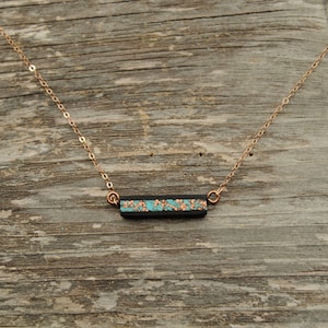 Short Wood Bar Pendant with Turquoise and Recycled Copper Inlay, Small Horizontal Necklace