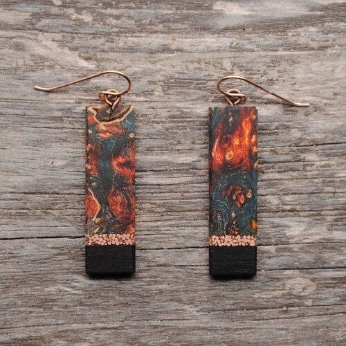 Green Black and Orange Box Elder Burl Bar Rectangle Dangle Earrings With Recycled Copper inlay. Hypoallergenic Drop Fish hook