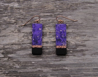 Boucles d’oreilles Purple Burl Wood Bar avec incrustation de cuivre Dangle Drop Rectangles Naturel fait à la main