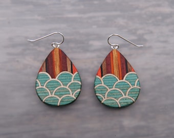 Boho Wave Scale Pattern Statement Earrings made from Natural Lightweight Wood