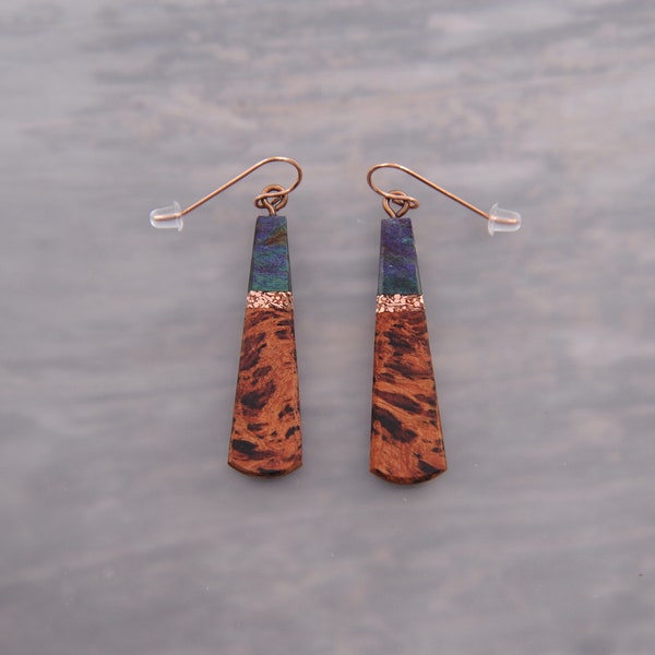 Copper Drop Earrings Made From Green And Brown Burl Wood With Copper Inlay
