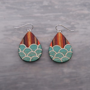 Boho Wave Scale Pattern Statement Earrings made from Natural Lightweight Wood