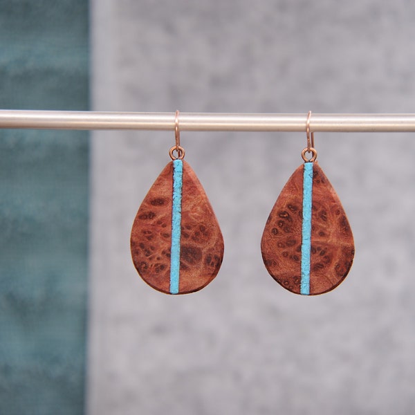 California Redwood Burl and Arizona Turquoise Inlaid Boho Teardrop Earrings 14k Rose Gold Ear Wires Hypoallergenic Dangle Drop.