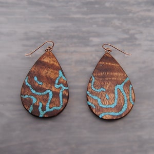 Large Turquoise Statement Teardrop Earrings inlaid in Curly Koa Wood. One of a Kind Earrings.